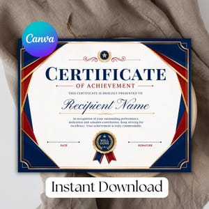 Peut inclure: Un modèle de certificat de réussite avec un fond blanc et des accents géométriques bleu foncé et rouges dans les coins. Le texte indique Certificate of Achievement, Recipient Name, et inclut un sceau doré avec les mots Well Done.