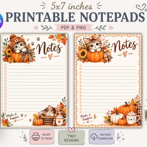 Op de afbeelding: Twee 12,7 x 17,8 cm printbare notitieblokontwerpen met herfstthema's, kittens, pompoenen, zonnebloemen en ruitpatronen. Elk notitieblok bevat gelinieerd papier, een checklist en de tekst Notes en Make it happen in bruin schrift.