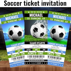 Könnte beinhalten: Eine Fußball-Ticket-Einladung zu einer Geburtstagsparty. Die Einladung ist wie ein Ticket gestaltet mit einem Fußball-Motiv und dem Text "Du bist eingeladen Michael wird 10 Jahre alt".