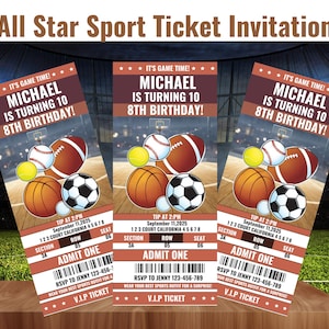 Peut inclure: Trois invitations All Star Sport Ticket avec un design de ballon de basket-ball, de baseball, de football américain et de football. Les billets indiquent "MICHAEL A 10 ANS 8E ANNIVERSAIRE !" et les détails de l'événement. Les billets sont marron, rouges et blancs.