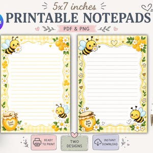 May include: Two 12.7 x 17.8 cm printable notepad designs featuring a yellow gingham background, illustrated bees, honeycombs, white flowers, and honey jars. One jar is labelled Sweet Notes and the other Bee Kind. The sheets have horizontal lines.