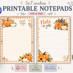 May include: Two 12.7 x 17.8 cm printable notepad designs featuring orange pumpkins, sunflowers, and gingham patterns. One sheet displays the text Sweet Notes, and the other displays Note to self. Both pages include lined writing areas and autumn-themed floral accents.