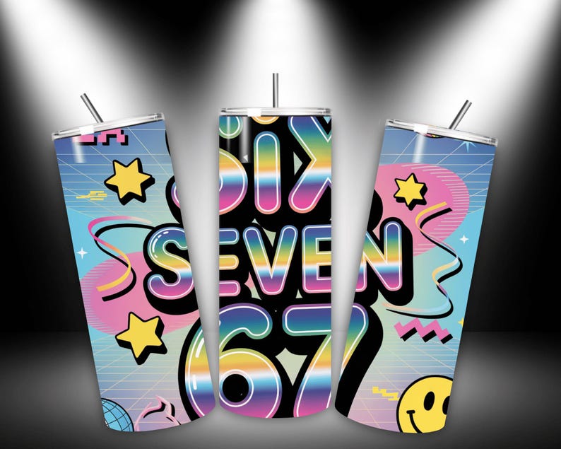 May include: Three stainless steel tumblers with lids and straws. Each tumbler features a vibrant design with the words "SIX SEVEN 67" in rainbow colors, set against a retro-style background with stars, smiley faces, and geometric shapes. The tumblers are cylindrical.