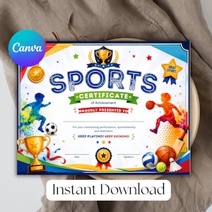Pode incluir: Um certificado de conquistas esportivas com um troféu dourado, uma bola de futebol, uma bola de basquete, uma bola de vôlei, uma peteca e um taco de críquete. O texto diz SPORTS CERTIFICATE of Achievement, PROUDLY PRESENTED TO, For your outstanding performance, sportsmanship and dedication, KEEP PLAYING! KEEP SHINING!, Date, Signature e GREAT EFFORT!