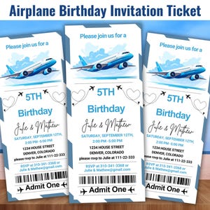Bearbeitbare Flugzeug-Geburtstagskarteneinladung, Flugzeugticket einladen Blaue Bordkarte, Flugzeugticketeinladung, Flugzeugeinladung