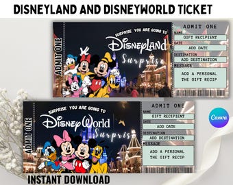 Disneyland & Disneyworld Ticket, Surprise Reveal, Theme Park Boarding Pass, Canva Editable Template, Digital Download, Custom Gift