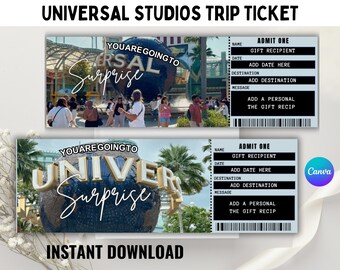 Boleto de viaje a Universal Studios, Revelación de viaje sorpresa, Regalo para parque temático, Boleto de viaje, Boleto Universal, Editable en Canva, Descarga instantánea