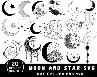Luna y estrellas Svg / Png, paquete de luna Svg, archivos Svg para Cricut, clipart de luna, estrellas Svg/ Dxf, luna Png, luna y estrellas Svg, luna y estrellas,