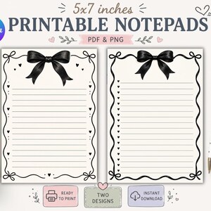 Puede incluir: Dos diseños de bloc de notas imprimibles de 12,7 x 17,8 cm con fondo crema, líneas negras y una ilustración de lazo negro en la parte superior. Un diseño tiene un borde ondulado con corazones, el otro incluye una columna de lista de corazones.