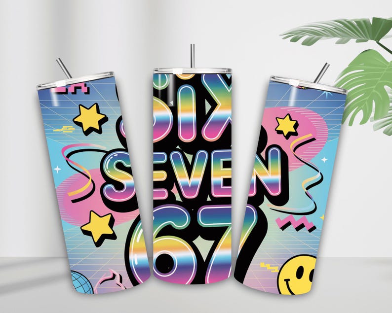 May include: Three stainless steel tumblers with lids and straws. The tumblers feature a retro design with the words "SIX SEVEN 67" in a rainbow gradient, surrounded by stars, smiley faces, and geometric shapes.
