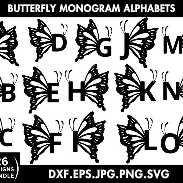 Butterfly Monogram Alphabet SVG, PNG, Monogram Frame Alphabet, Silhouette, Svg Files For Cricut, Instant Download, Vector Files