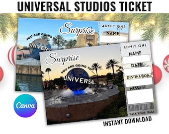 Universal Studios Ticket | Vacation & Theme Park Boarding Pass | Surprise Trip Ticket | Editable Canva Template | Instant Download