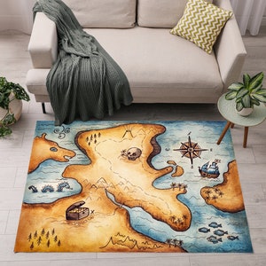 Alfombra de área pirata, alfombra de área de mapa, alfombra pirata, alfombras de área para niños, alfombra de habitación para niños, alfombras de área personalizadas, alfombra de área marrón, alfombra de área de mapa del tesoro pirata