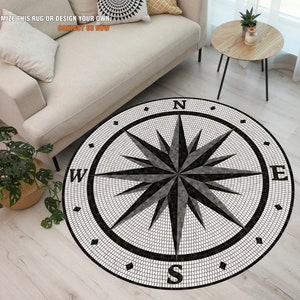 Gray Compass, Travel Lover Gift, World Compass Round Rug, Compass Rug, Adventurer Home Decor Carpet, Living Room Carpet, Circle Floor Mat