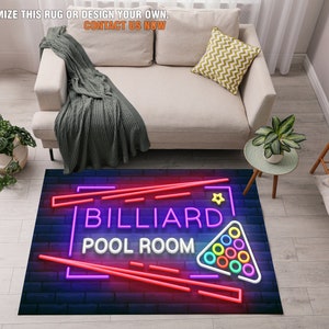 Billiards Club Area Rug, Neon Design Rug, Billiards Player Gift, Retro Billiards Pool Room Rug, Snooker Room Rug,Retro Rug, Game Room Carpet