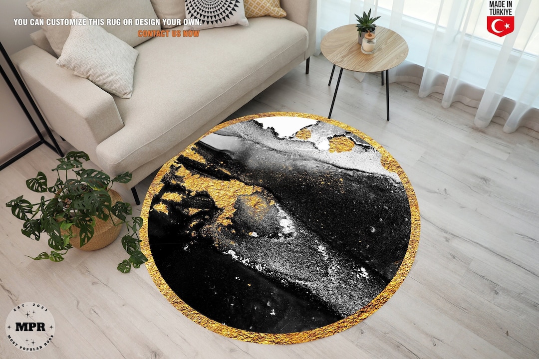 Gold Round Rug, Black Gold Design Rug, Gold Pattern Rug, Cool Rug