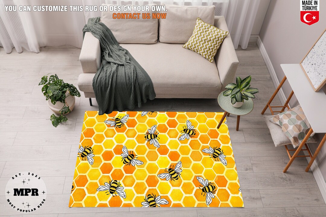 Bee Yellow Rug Bee Rugs, Bees and Honeycomb Area Rug, Yellow Shade Honey Comb Rug ...