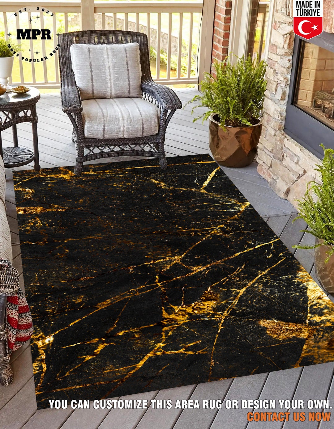 Black and Gold Marble Texture Rug, Marble Pattern Rug, Decorative Floor