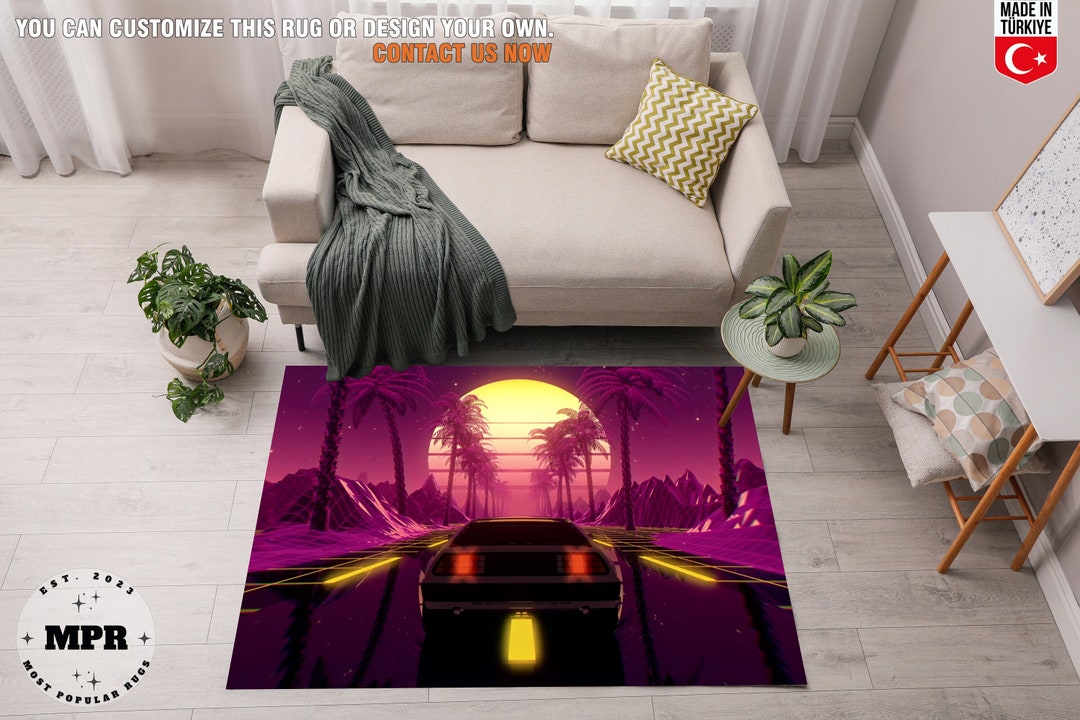 Vintage Car Rug, Video Game Style Neon Rug, 80s Retro Design Area Rug ...