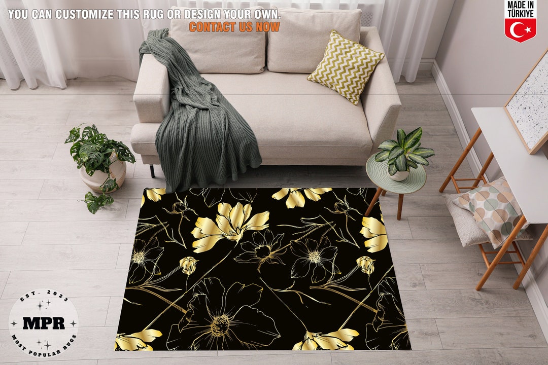 Black and Gold Area Rug Floral Accent Rug Black and Gold Etsy
