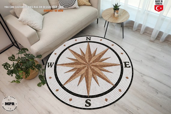 Travel Lover Gift, World Compass Round Rug, Compass Rug, Adventurer Home Decor Carpet, Living Room Carpet, Circle Floor Mat, Marble Compass