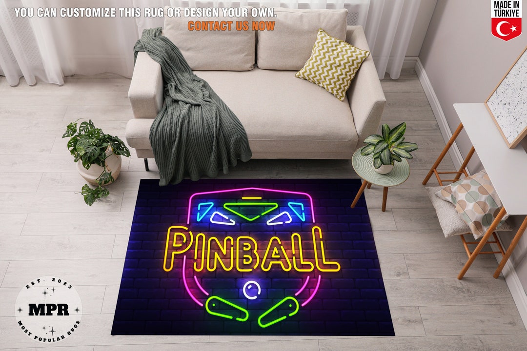 Pinball Game Room Rugs, Neon Pinball Rug, Basement Area Rugs, Game Room ...