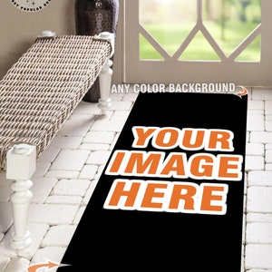 May include: A black doormat with the text "YOUR IMAGE HERE" in orange. The doormat is on a white brick patio. The text "ADD YOUR IMAGE, YOUR LOGO OR TEXT" is at the bottom of the image.