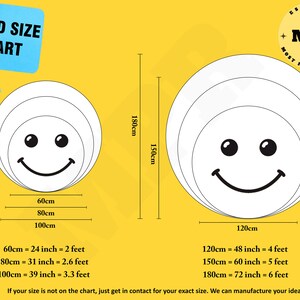 Pode incluir: Um gr&aacute;fico mostrando diferentes tamanhos de tapetes redondos em polegadas e p&eacute;s. O gr&aacute;fico inclui um gr&aacute;fico de rosto sorridente e o texto "Round Size Chart".