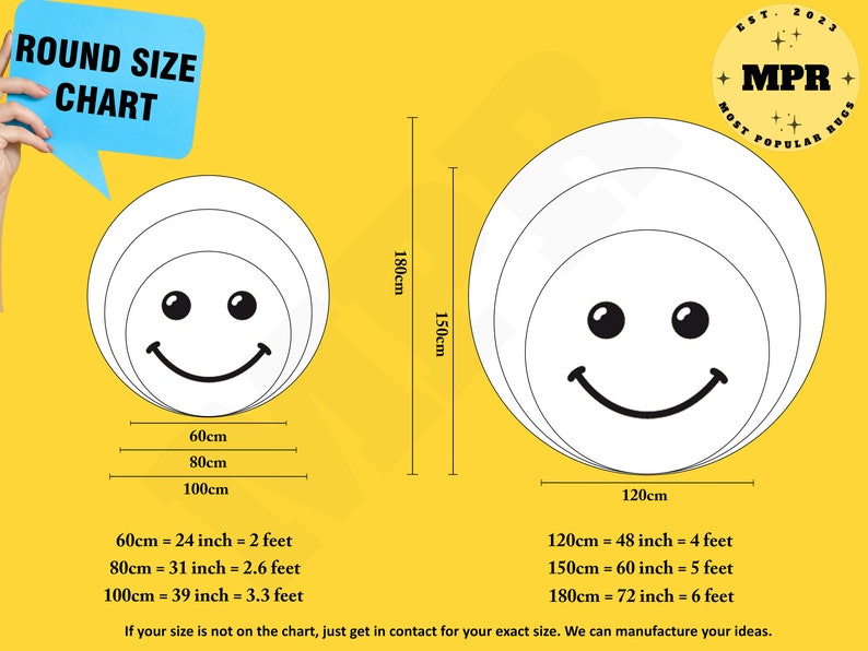 Pode incluir: Um gr&aacute;fico mostrando diferentes tamanhos de tapetes redondos em polegadas e p&eacute;s. O gr&aacute;fico inclui um gr&aacute;fico de rosto sorridente e o texto "Round Size Chart".