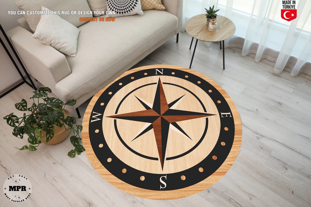Yacht Gift, Round Compass Rug, Brown Compass Rug, Round Decor Rug, Gift ...