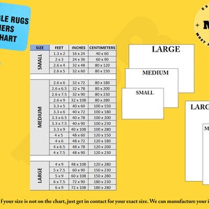 May include: A size chart for rectangle rugs and runners. The chart shows the dimensions in feet, inches, and centimeters for different sizes, labeled as small, medium, and large.