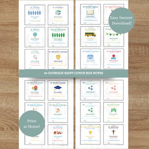 Notes de boîte à lunch PDF patronne catholique, cadeau de premier jour d'école, cartes de boîte à lunch pour enfants avec saints patrons de l'éducation, étudiants, jeunes