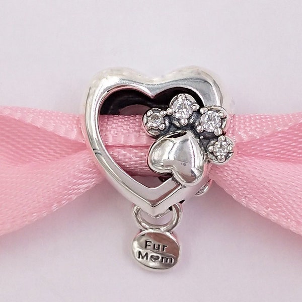 Paw print & heart, fur mom charm dangle for european bracelets, necklace pendants