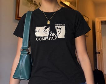 Black Alternative Graphic Baby Tee, 90s Style Indie T Shirt, Monochrome Retro Music Shirt