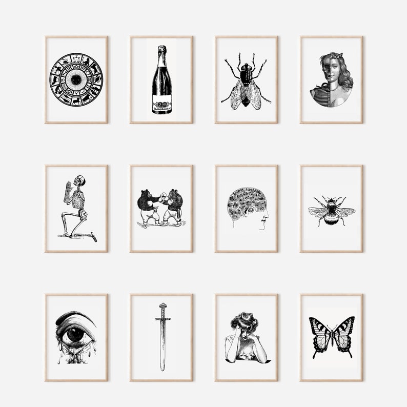 Peut inclure: Une collection de douze illustrations encadr&eacute;es en noir et blanc. Les images comprennent une roue du zodiaque, une bouteille de champagne, une mouche, un portrait de femme, un squelette, deux lutteurs de sumo, un cerveau, une abeille, un &oelig;il qui pleure, une &eacute;p&eacute;e, une femme et un papillon.