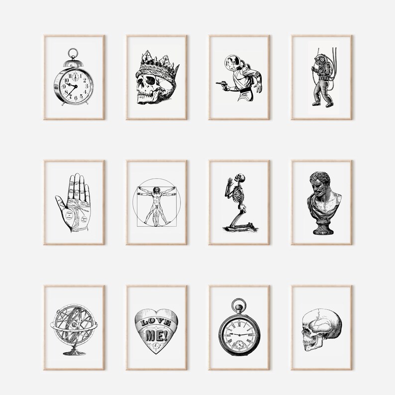 Peut inclure: Une collection de douze tirages d'art encadr&eacute;s en noir et blanc. Les tirages pr&eacute;sentent diverses illustrations, notamment une horloge, un cr&acirc;ne couronn&eacute;, un plongeur, une main, un homme de Vitruve, un squelette, un buste, un globe, un c&oelig;ur avec "LOVE ME!", une montre de poche et un cr&acirc;ne.