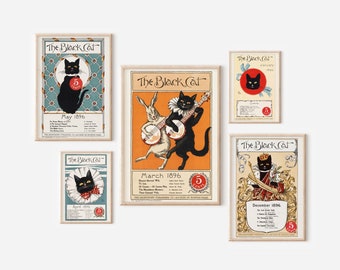 Lot de 5 impression numérique d'art magazine vintage chat noir, téléchargement numérique vintage chat noir, magazine chat noir vintage des années 1800, poster animal
