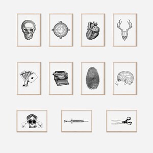 Peut inclure: Une collection d'illustrations encadr&eacute;es en noir et blanc. Les images comprennent un cr&acirc;ne, une boussole, un c&oelig;ur humain, un cr&acirc;ne de cerf, des cartes &agrave; jouer, une machine &agrave; &eacute;crire, une empreinte digitale, un sch&eacute;ma du cerveau, une personne avec des jumelles, une seringue et des ciseaux.