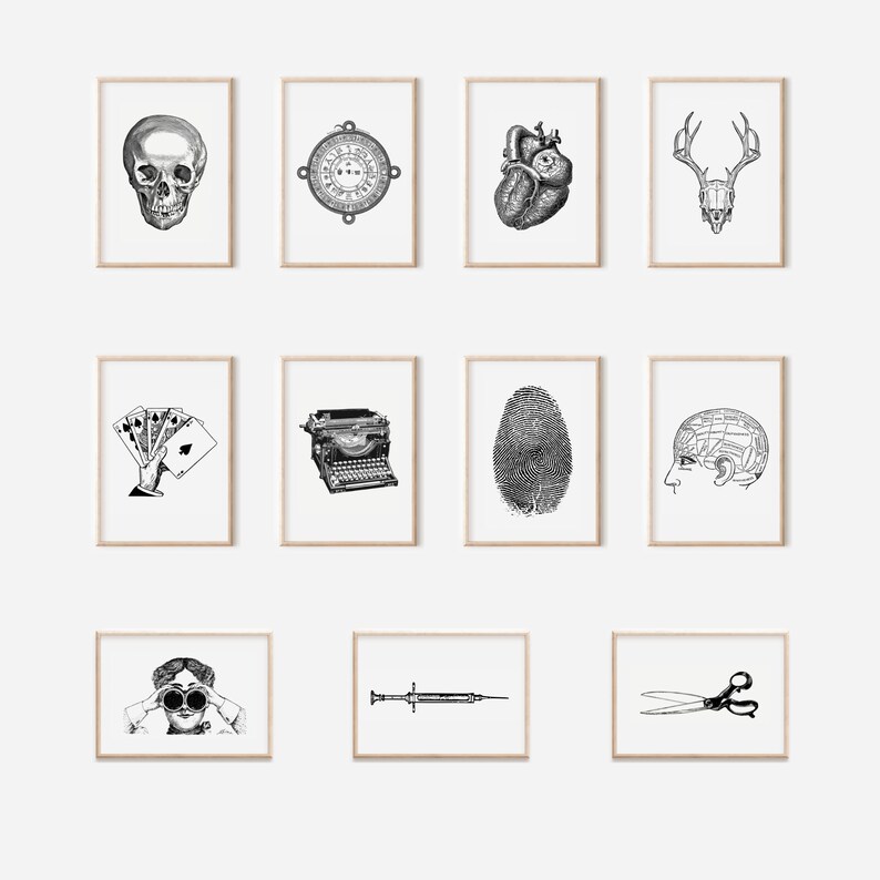 Peut inclure: Une collection d'illustrations encadr&eacute;es en noir et blanc. Les images comprennent un cr&acirc;ne, une boussole, un c&oelig;ur humain, un cr&acirc;ne de cerf, des cartes &agrave; jouer, une machine &agrave; &eacute;crire, une empreinte digitale, un sch&eacute;ma du cerveau, une personne avec des jumelles, une seringue et des ciseaux.