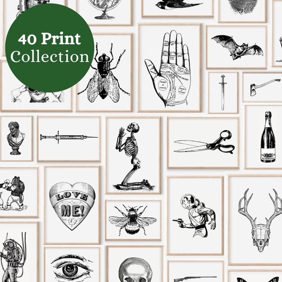 40 Bundle Vintage Icon Digital Prints, Vintage Digital Wall Art Prints, 40 Wall Art Prints, Black and White Wall Art, Tattoo Wall Art Prints