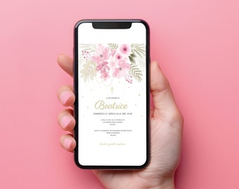 Invitation BAPTISM baby girl with pink flowers | Digital invitation Baptism