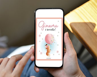 Baby girl birth announcement with cute fox, baby girl birth