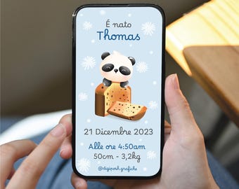 Christmas baby birth announcement with cute panda, baby birth announcement digital