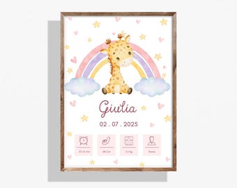 Birth card for baby girl with giraffe and rainbow | PDF birth card | birth gift for baby girl