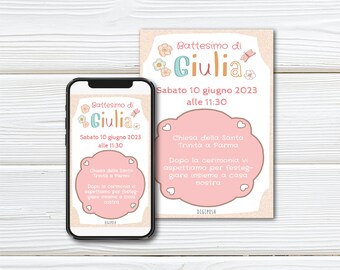 Baptism invitation for baby girl with flowers and butterfly | Baby girl baptism digital invitation | Personalized pink baby girl baptism invitation