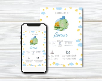 Baby Christening invitation with cute little turtle | Digital baptism invitation | personalized baby baptism invitation