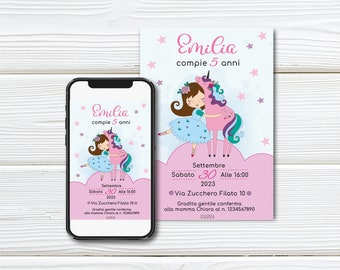 BALLERINA AND UNICORN invitation for girl's birthday | Digital birthday invitation for little girl | Personalized girl's birthday invitation