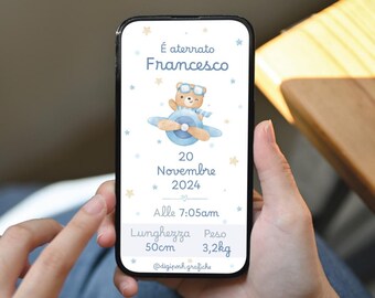 Baby birth announcement with cute hippopotamus, baby birth