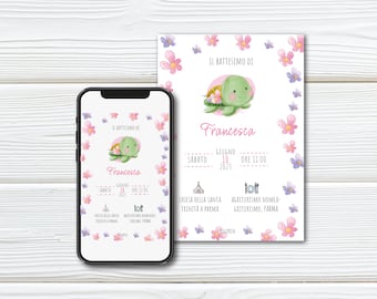 Baptism invitation for baby girl with cute little turtle | Baby girl baptism digital invitation | Personalized baptism invitation