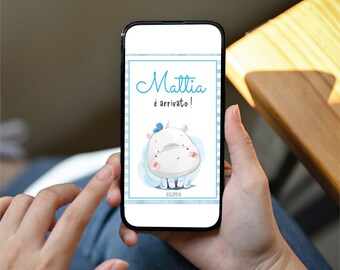 Baby birth announcement with cute hippo, baby birth